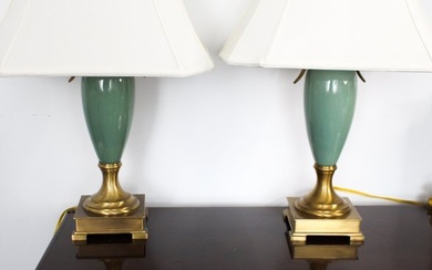 CELADON GREEN PORCELAIN and BRASS LAMPS