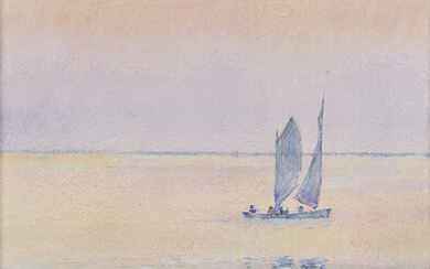 CHILDE HASSAM Sailboat off the Coast, Isle of Shoals. Watercolor on cream wove...