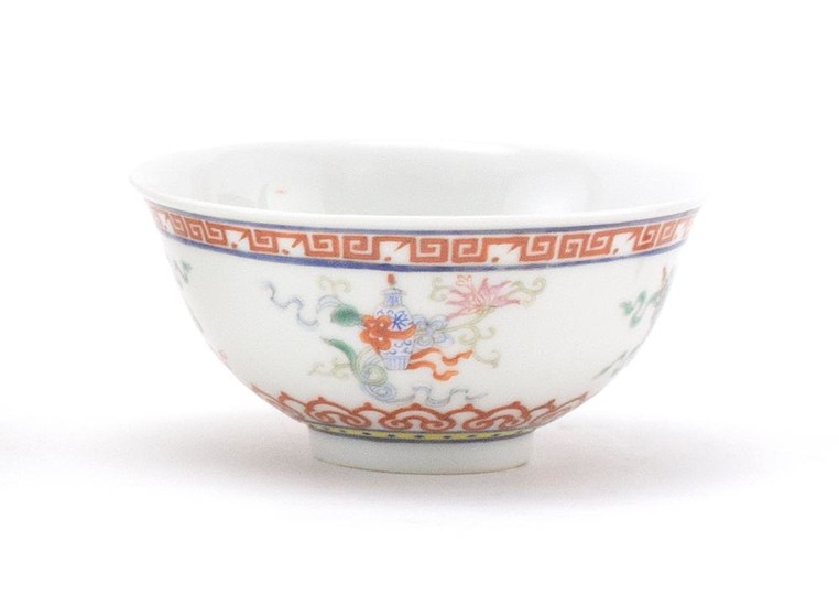 CHINESE POLYCHROME PORCELAIN BOWL With four auspicious symbols about the body. Six-character Guangxu mark on base.