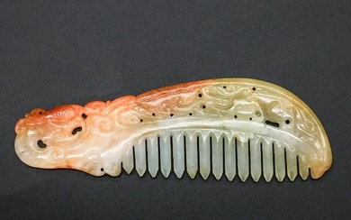 CHINESE RED JADEITE HAIR COMB, QING DYNASTY