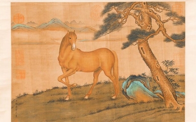 CHINESE SILK HANDSCROLL PAINTING OF HORSE UNDER THE