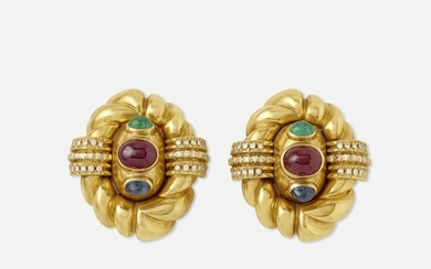 Cabochon emerald, ruby, sapphire, diamond earrings