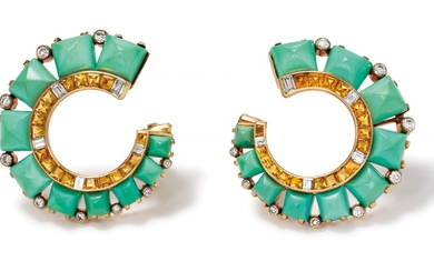 Cartier, A Pair of Turquoise, Citrine, Diamond and Gold Earrings