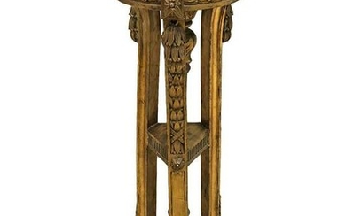 Carved Wood Pedestal with Green Marble Top