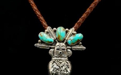 Charles Johnson Sterling, Turquoise & Leather Bolo Tie