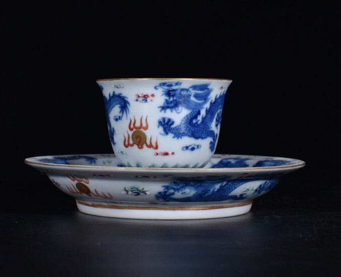 Chinese Blue and White Copper Red Cup and Saucer