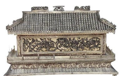 Chinese Carved Bone Monumental Temple on Four Small Feet and Decorated with Dragons