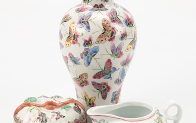 Chinese Export Hand-Painted Porcelain Vase with Butterfly Motif and More Décor