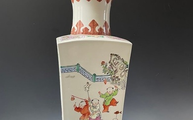 Chinese Famille Verte Porcelain Square Vase Lamp