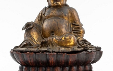 Chinese Gilt Bronze Buddha Hotai on Lotus Stand