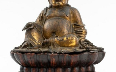 Chinese Gilt Bronze Buddha Hotai on Lotus Stand
