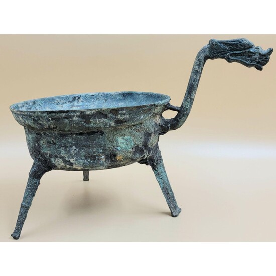 Chinese Han Dynasty Bronze Bowl with Dragon Handle