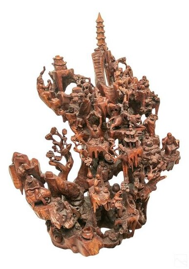 Chinese Root Wood Buddha Dragon Scholars Sculpture