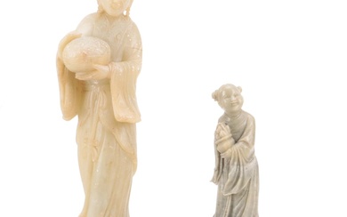 Chinese Soapstone Figurines of Women Carrying Plants