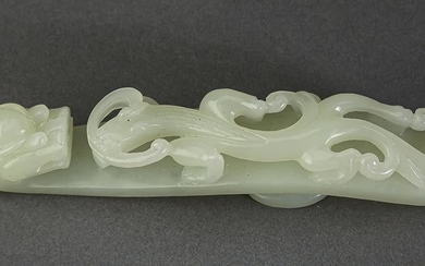 Chinese celadon jade dragon belt hook, 4.25"l