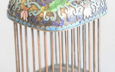 Chinese enamelled miniature birdcage with pull up door
