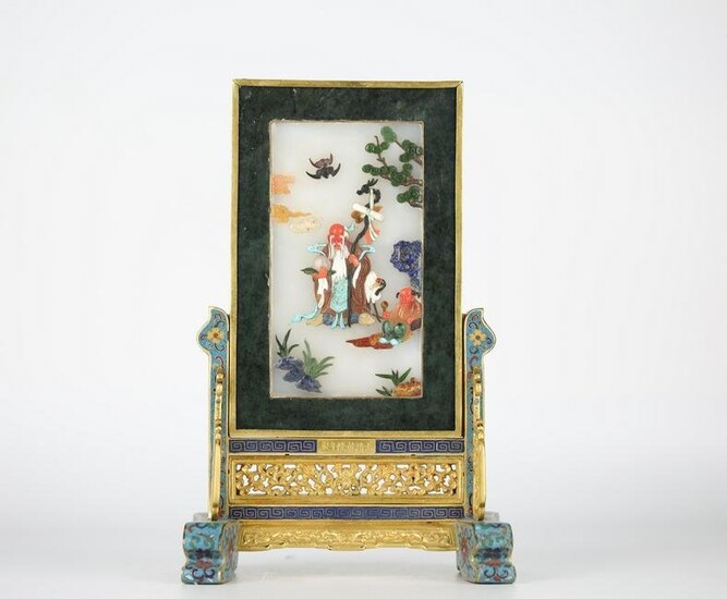 Chinese white jade and cloisonne carved screen, 18th century