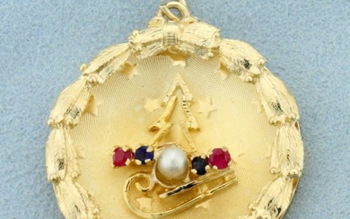 Christmas Tree and Sled Ruby, Sapphire, and Pearl Pendant in 14K Yellow Gold