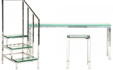 Chrome and Glass Console Table and a Chrome and Glass Occasional Table; Together with Chrome and Glass Library Steps