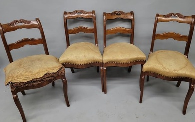 Circa 1860's Set of 4 Walnut Carved Early Victorian breakfast or dining chairs. Frames are very