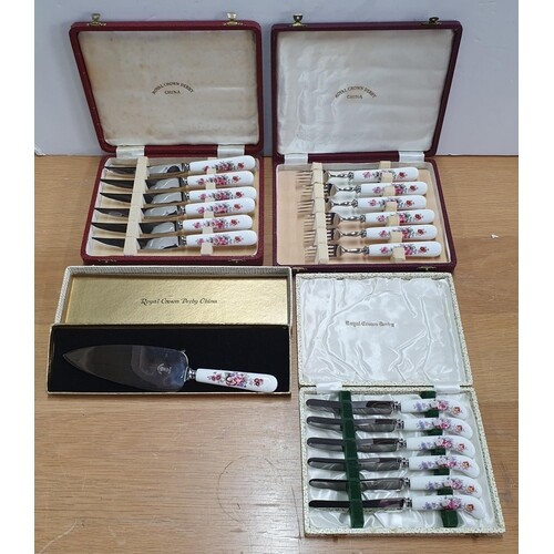 Collection of old cased Royal Crown Derby knife & fork sets ...