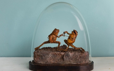 Composizione con rane in duello, tassidermia entro campana di vetro. Inghilterra, fine XIX secolo