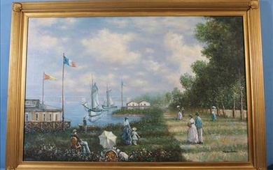 Contemporary oil on canvas of harbor scene, 29 x 41