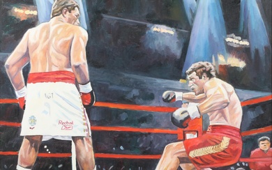 Corrie Sanders vs Wladimir Klitschko Oil on Canvas Boxing Painting 27 3/4"H x 35 1/4"W(sight), 30"H x 37 1/2"W(frame)