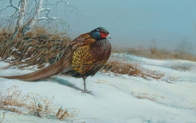 Cyril David Johnston, British b.1946- Pheasant in snowscape; watercolour and gouache, signed and dated 'Dec 1972' lower left, 31.5 x 48 cm (ARR) Provenance: with Lebrun Gallery, Manchester, according to the label affixed to the reverse of the frame.