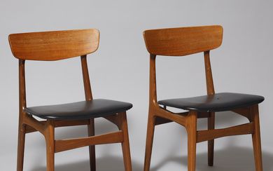 DANSK DESIGN. Pair of chairs, teak, skai. Denmark 1960s (2).