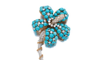 David Webb Gold, Turquoise and Diamond Clip-Brooch