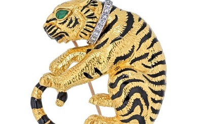 David Webb Platinum & 18K Yellow Gold Diamond Tiger Animal Brooch