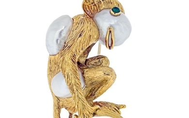 David Webb Platinum & 18K Yellow Gold Monkey On A Pearl And Emerald Eyes Brooch