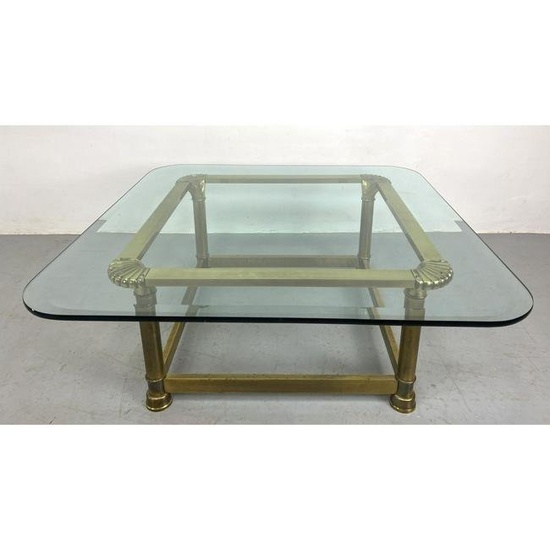 Decorative Mastercraft Coffee Cocktail Table with Shell Form Corners. Heavy Metal with Thick Glass