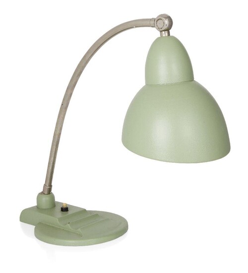 Designer Unknown, German adjustable table lamp, circa 1940, Cast iron, chromed metal, enamelled metal, electrical fittings, Stamped 'D.R.P 478400' to stem and cast serial numbers to underside, 35 cm high It is the buyer's responsibility to ensure...
