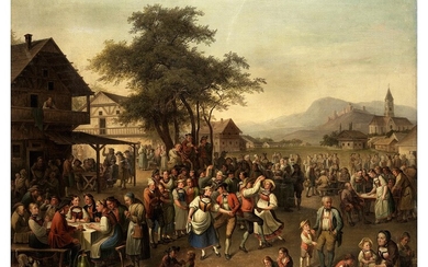 Deutscher Maler um 1800, FEIERNDE BAUERN IN EINEM DORF