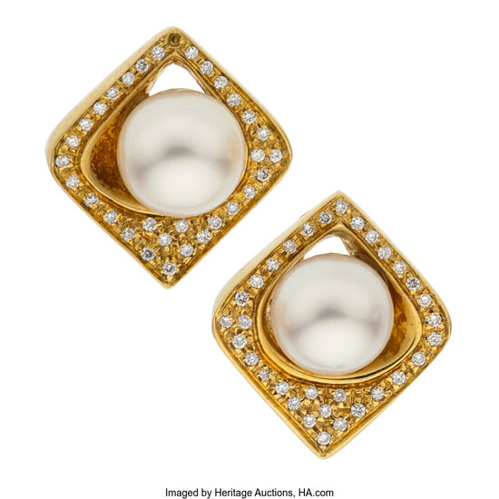 Diamond, Cultured Pearl, Gold Earrings Stones: Full-cut diamonds weighing...