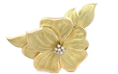 Diamond Engraved Flower 18k Brooch Extra Large