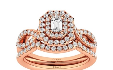 Diamond Twist Shank Double Halo Bridal Ring 3/4 ct tw Emerald Cut in 14K Rose Gold