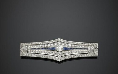 Diamond and sapphire platinum lozenge brooch, central