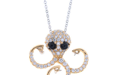 Diamond octopus pendant, with garnet eye detail, with chain