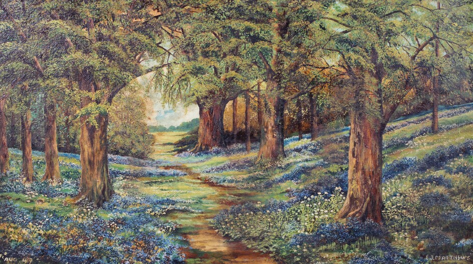E J Matthews, (Mid-20th Century), pathway through spring woodland, oil on canvas