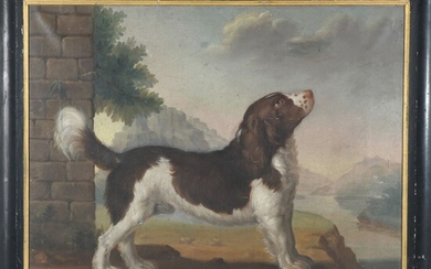 ÉCOLE ANGLAISE du XIXè. « Portrait de chien dans un paysage lacustre ». Huile sur...