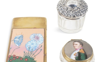 ENAMEL ROUGE POT WITH PORTRAIT OF NAPOLEON, ARTS & CRAFTS BRASS AND ENAMEL CARD CASE AND SILVER TOPPED ROUGE POT