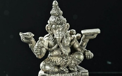 Early 20th C. Thai Silvered Bronze Ganesha Amulet