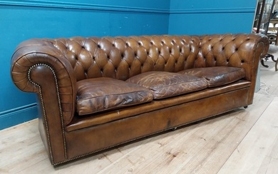 Early 20th C. hand dyed leather three seater Chesterfield { ...