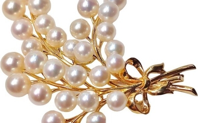 Early Mikimoto Creme Rose Mirror Bright Ultra Fine Pearl 14K Gold Bouquet Cluster Brooch
