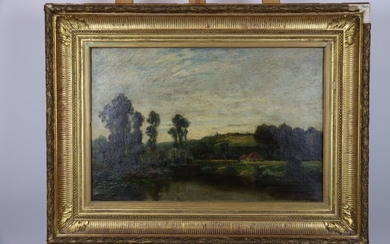 Ecole de Barbizon (XIXe siècle) Paysage animée d'une ferme près d'un étang, huile sur toile...