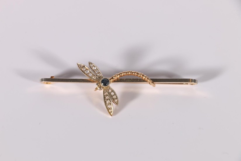 Edwardian pin with diamond and aquamarine dragonfly in yello...