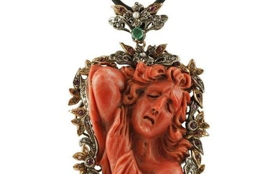 Engraved Face on Red Coral, Diamonds, Emeralds